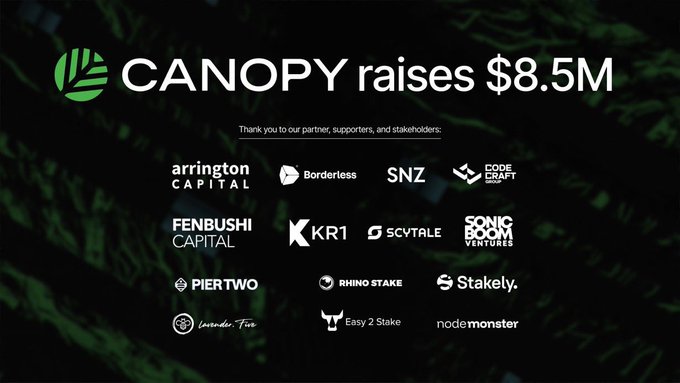 A funding announcement graphic states 'CANOPY raises $8.5M' and thanks partners including Arrington Capital, Borderless, SNZ, Fenbushi Capital, KR1, SCVTALE, Sonic Boom Ventures, Piertwo, Rhino Stake, Stakely, and others.