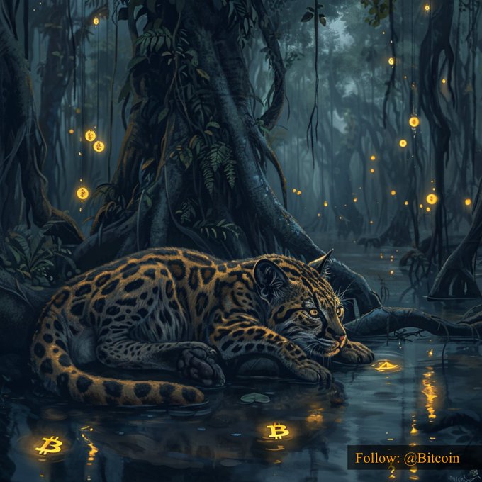 A jaguar rests in a serene swamp where glowing Bitcoin symbols float in the water and air, reflecting the post's #Bitcoin mention. The text "Follow: @Bitcoin" is visible in the bottom right corner.