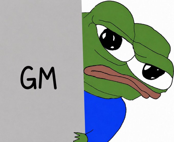 A sad Pepe the Frog meme peeking from behind a wall with 'GM' (Good Morning) written on it.