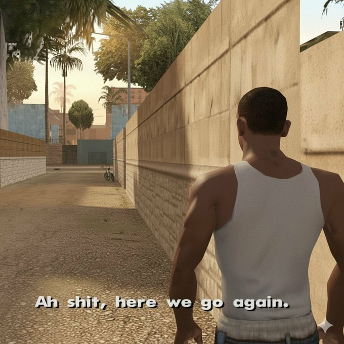 A screenshot from the video game Grand Theft Auto: San Andreas showing the protagonist CJ from behind in a white tank top, standing in an alley with the iconic caption 'Ah shit, here we go again.'