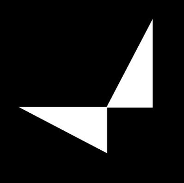 A minimalist black-and-white logo featuring two triangular shapes meeting at a central point on a black background.