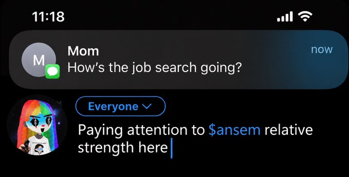 An iPhone lock screen showing a text from 'Mom' asking 'How's the job search going?' alongside a group chat message about paying attention to $ansem relative strength.