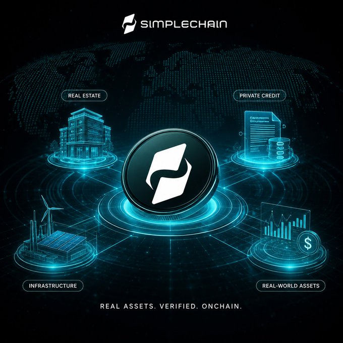 A digital graphic for 'SIMPLECHAIN' with the tagline 'REAL ASSETS. VERIFIED. ONCHAIN.' showcasing categories like Real Estate, Private Credit, Infrastructure, and Real-World Assets with holographic icons on a dark world map background.