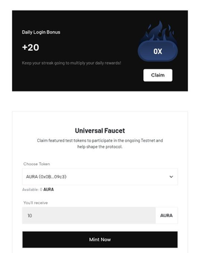 A screenshot showing a daily login bonus of +0X OX tokens with a claim button, alongside a "Universal Faucet" claiming interface for AURA token (available: 7 AURA, receiving: 10 AURA) with a "Mint Now" button—visually representing the early airdrop opportunity for @auraprotocolorg's robotics/AI launchpad described in the post.