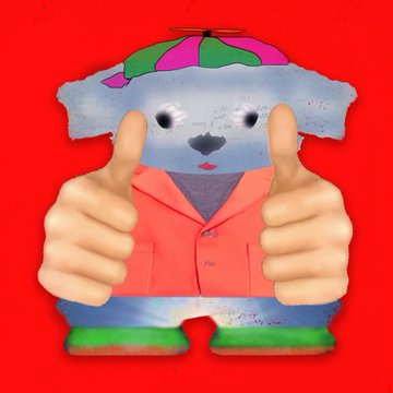 A surreal cartoon character with a polar bear face, wearing a colorful striped umbrella hat and a pink jacket, giving two thumbs up against a bright red background.