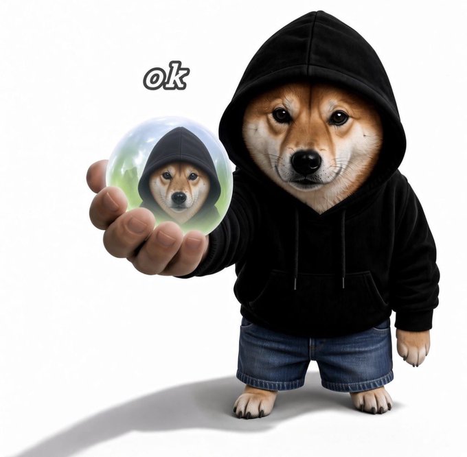 A dog wearing a black hoodie holds a snow globe containing a mirror image of itself, with the text "ok" floating above. The image ties into the post's message about originality—the dog can replicate its own look (the hood and reflection) but, as the caption notes, "you can't copy the original," a theme tied to $DIH.