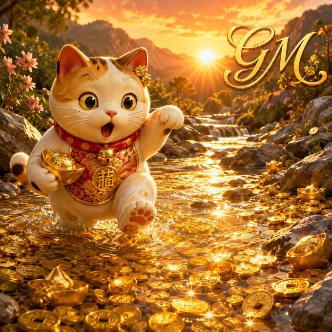 An animated illustration of a cute cat wearing a red and gold collar holding a gold ingot, walking through a stream of gold coins at sunset with 'GM' in gold letters.