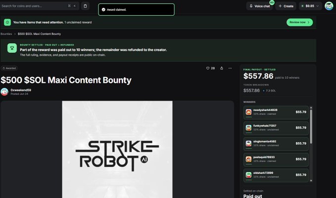 A screenshot of a web page for a '$500 $SOL Maxi Content Bounty' with 10 winners each receiving $55.79, displaying the 'Strike Robot AI' logo.