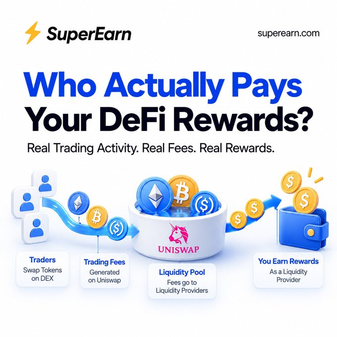 A promotional graphic for SuperEarn.com asking 'Who Actually Pays Your DeFi Rewards?' illustrating how Uniswap trading fees flow to liquidity providers who earn rewards.