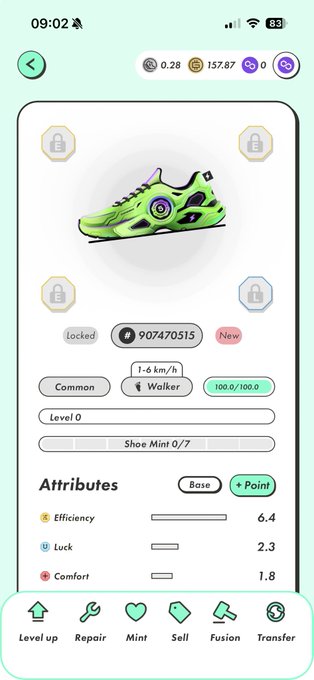 A mobile game screenshot showing a green and purple virtual sneaker NFT collectible with stats like '907470515', Level 0, and attributes for Efficiency (6.4), Luck (2.3), and Comfort (1.8), with menu options for Level up, Repair, Mint, Sell, Fusion, and Transfer.