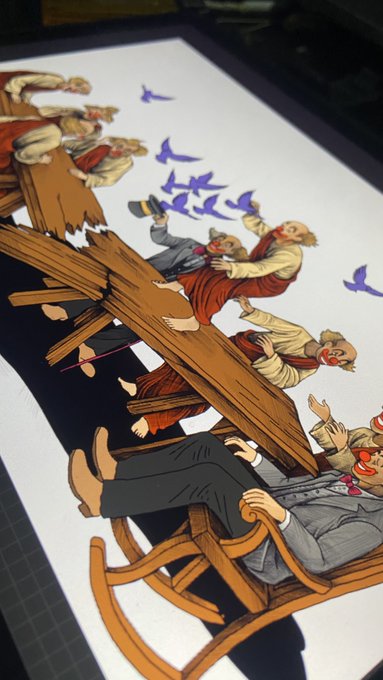 An illustrated scene showing multiple men in suits with exaggerated clown-like noses sliding down or falling from a broken wooden bench or structure, with small purple birds flying above them.