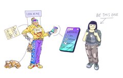 A simple line drawing showing a character on the left with a speech bubble reading 'LOOK IN ME!' and another on the right with 'BE THIS ONE!', alongside a smartphone illustration.
