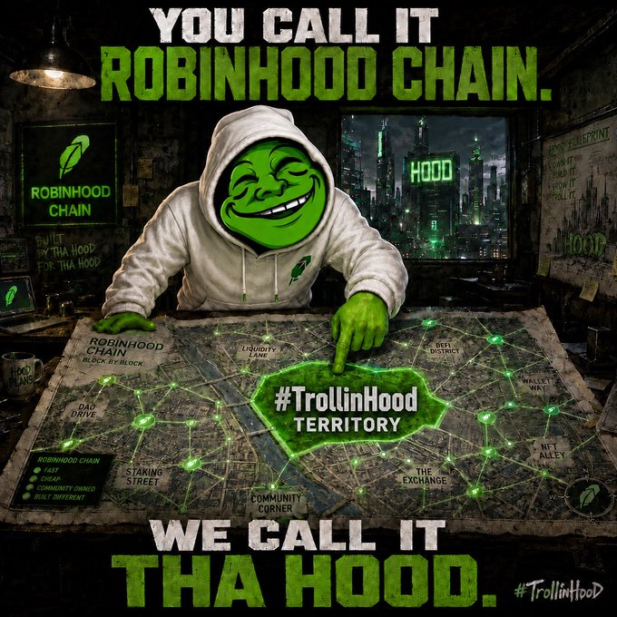 A meme-style image features a grinning green troll face in a white hoodie looming over a neon-lit city map marked "#TrollinHood TERRITORY," with the bold text "YOU CALL IT ROBINHOOD CHAIN. WE CALL IT THA HOOD." and the hashtag "#TrollinHood" displayed prominently, matching the post's tagline announcing the new TrollinHood chain and contract address.