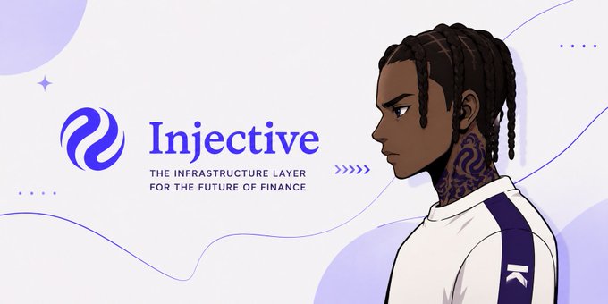 An illustrated figure with braided hair and a tattooed neck is shown alongside the Injective logo and its tagline, "The Infrastructure Layer for the Future of Finance," visually reinforcing the post's premise that Injective provides the onchain financial backbone enabling AI agents to autonomously pay for data, rebalance portfolios, and execute trades.