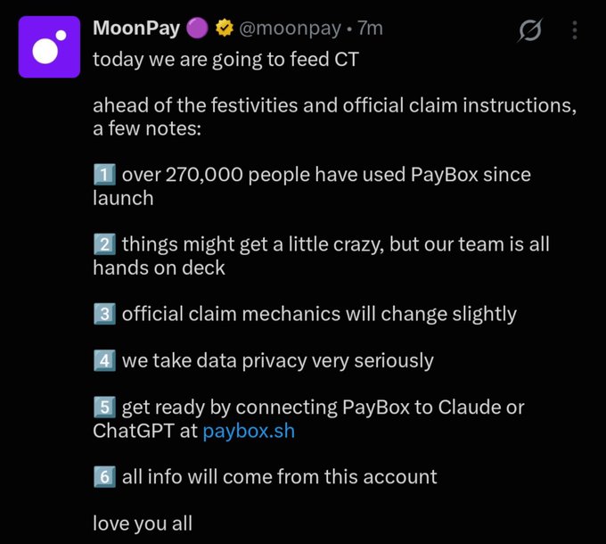A screenshot of a tweet from MoonPay (@moonpay) announces details about an upcoming event, noting over 270,000 people have used PayBox since launch, and that official claim mechanics will change slightly, with instructions to connect PayBox to Claude or ChatGPT at paybox.sh. This aligns with the post teasing MoonPay's "free burger" giveaway (the PayBox x Faucet).