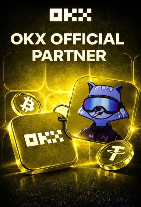 A promotional graphic with a gold and black color scheme featuring the OKX logo at the top and "OKX OFFICIAL PARTNER" text, alongside a cartoon character wearing blue goggles, Bitcoin and Tether coin icons, and OKX branding. The post announces an official OKX partnership and directs viewers to register using the provided referral link (okx.com/join/10681469) to get involved.