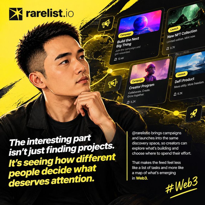 A promotional graphic for 'rarelist.io' featuring a man thinking, surrounded by UI elements for campaigns like 'Build the Next Big Thing' and 'New NFT Collection', with text about Web3 discovery space.