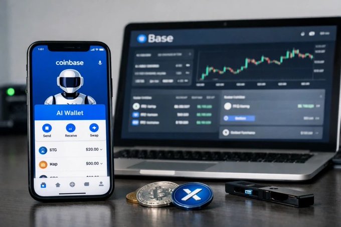 A promotional image for Coinbase featuring a smartphone displaying the 'AI Wallet' app interface with a robot avatar, alongside a laptop showing crypto charts and physical XRP/Bitcoin coins.