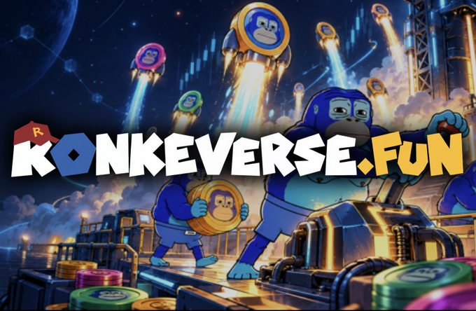 A vibrant digital artwork advertises 'KONKEVERSE.FUN' featuring blue gorilla characters in astronaut-style outfits launching rocket-powered coins into a cosmic background with treasure chests.