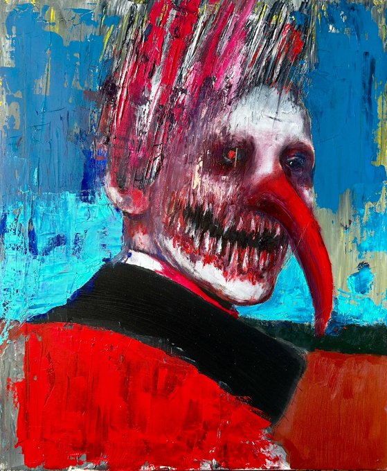 A grotesque painting of a figure with a long red pointed nose, sharp teeth, and pinkish hair against a blue and red background.