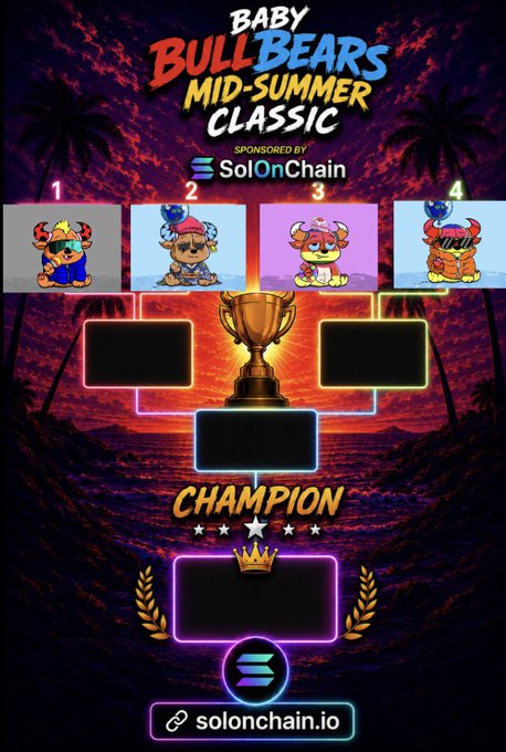 The image is a tournament bracket for the "Baby Bull Bears Mid-Summer Classic," sponsored by SolOnChain (solonchain.io), showing four finalists labeled 1-4 and their progression to the championship, with the accompanying post announcing the Final Four matchup scheduled for Thursday, August 4th, with SOL prizes of .5, .35, and .15 for 1st, 2nd, and 3rd place respectively.