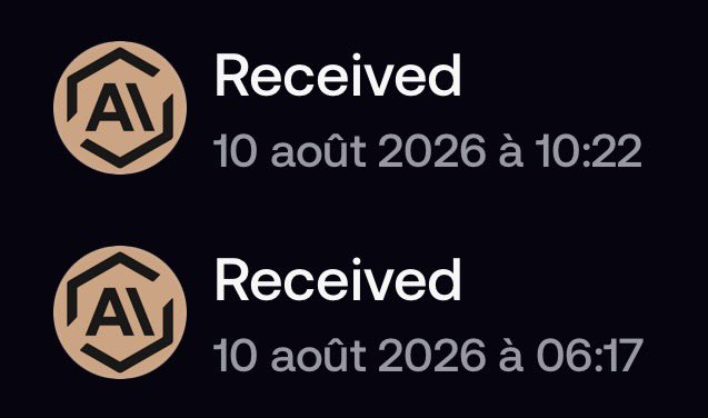 The image shows two "Received" transaction notifications dated August 10, 2026, with one at 10:22 and another at 06:17, both featuring an "AI" hexagon logo as the sender. The image appears to illustrate the post's theme of receiving multiple airdrops or token distributions, highlighting the benefits of holding NFTs and memecoins that grant holders access to additional tokens, stocks, or pre-IPO shares.