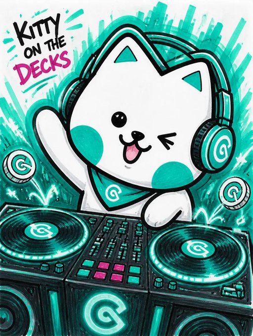 A cartoon illustration of a white cat wearing teal headphones and a bandana, DJing at a turntable setup with the text "KITTY ON THE DECKS" in the upper left corner.
