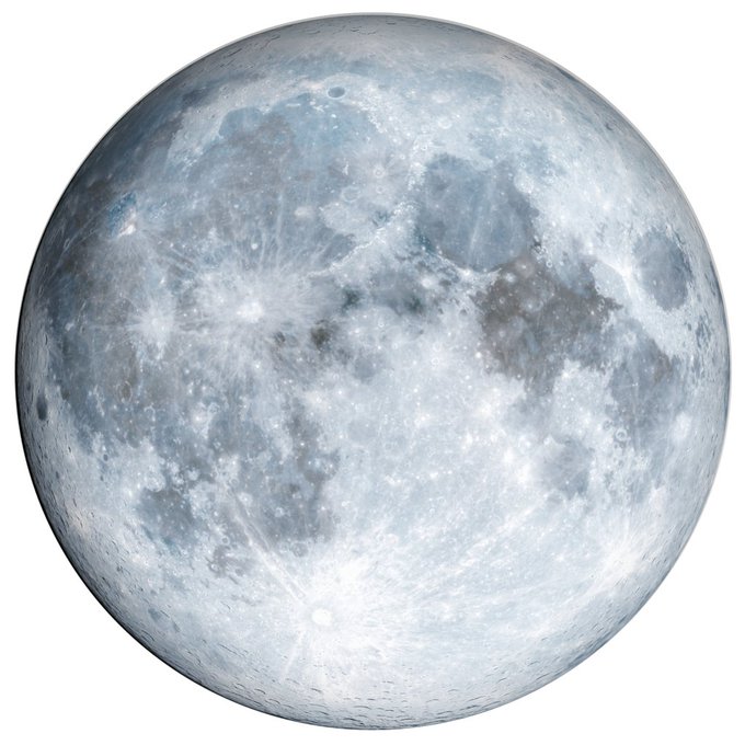 A highly detailed, photorealistic rendering of a full moon against a white background, showing craters and lunar surface textures in shades of gray and white.