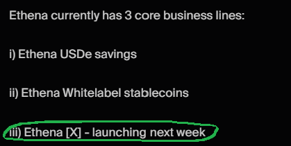 An image listing Ethena's three core business lines, with "Ethena [X] - launching next week" circled in green, highlighting the upcoming new product that the post teases as potentially coinciding with a new $ENA buyback framework announcement.