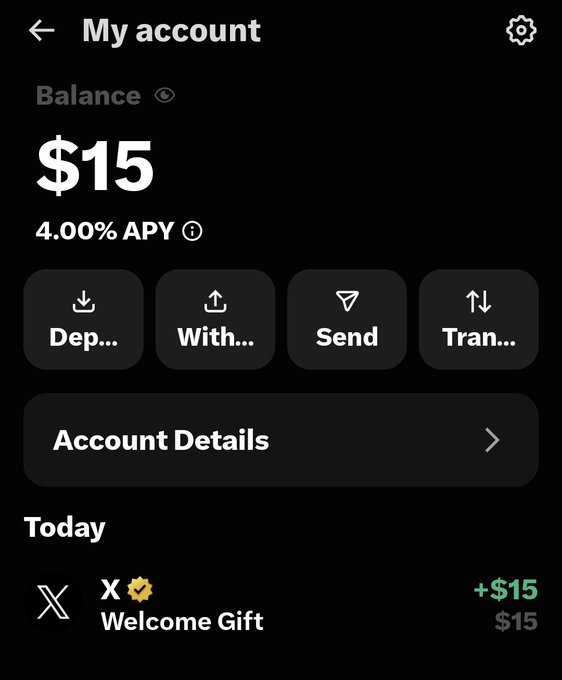 A screenshot of an X Money account page showing a $15 balance with 4.00% APY and a "Welcome Gift" transaction from X for $15. The caption celebrates the welcome gift, humorously noting that $15 is just enough for basic groceries like chicken and tortillas.