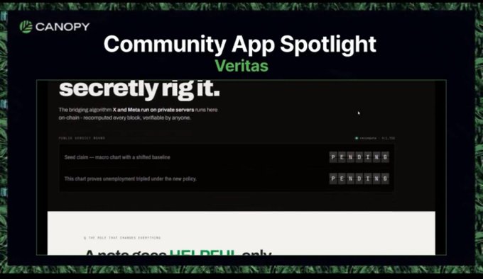 A Canopy Community App Spotlight featuring 'Veritas' with the text 'secretly rig it.' describing a bridging algorithm and showing 'PENDING' status for a micro chip and unemployment triplet chat.