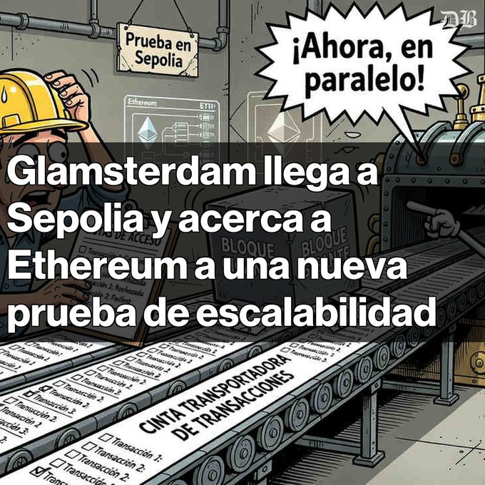 A cartoon-style illustration with Spanish text '¡Ahora, en paralelo!' in a speech bubble and 'Glamsterdam llega a Sepolia y acerca a Ethereum a una nueva prueba de escalabilidad' overlaid on an image of a conveyor belt labeled 'CINTA TRANSPORTADORA DE TRANSACCIONES'.