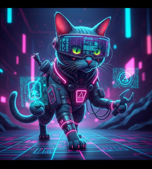 The image features a cat wearing a futuristic outfit, including a helmet with neon lights and a suit of armor. The cat appears to be walking across a black floor while holding a gun. The background consists of neon lights that create an otherworldly atmosphere. The caption on the image reads "$kins @glitch 3H1XgZfpdGerUHSW9MatgsjRuPne8AFKhSewpLkhpump This isn't just a coin. It's a system error that became a movement.", which suggests that this cat character is inspired by the concept of glitch art and has been used as an icon for a particular movement or artistic style.