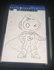 A digital drawing on a tablet screen showing a cartoonish sketch of a hooded character with an 'X' eye, dressed in a cape and boots, displayed alongside an Apple Pencil.