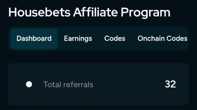 A dashboard for the 'Housebets Affiliate Program' with navigation tabs for Dashboard, Earnings, Codes, and Onchain Codes, displaying 'Total referrals: 32'.