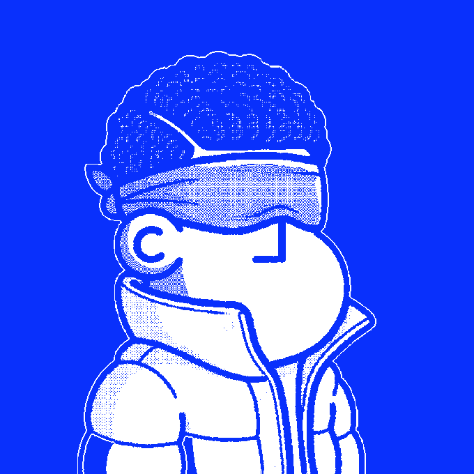 A stylized blue and white illustration of a cartoon character wearing a beanie, ski goggles, and a puffy jacket.