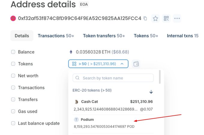 Etherscan shows the address 0xf32af53f874C8fD99C64F9EA52C9825AA125FCC4 holding $251,310.96 in Cash Cat tokens and 8,159,293.54 POD, illustrating the whale's recent POD accumulation activity.