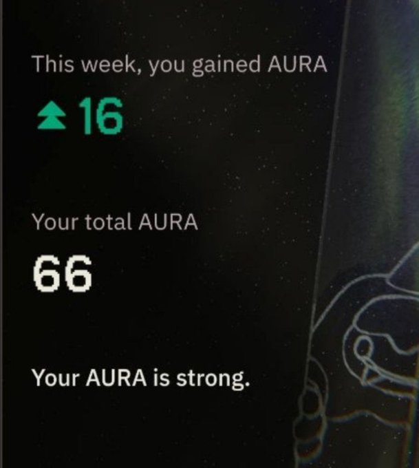 The image shows a black background with white text that reads "This week, you gained @16 points @Aura". The text is arranged in two columns, with the first column containing the number of points gained (16) and the second column stating that the points were gained at the "Aura" level.