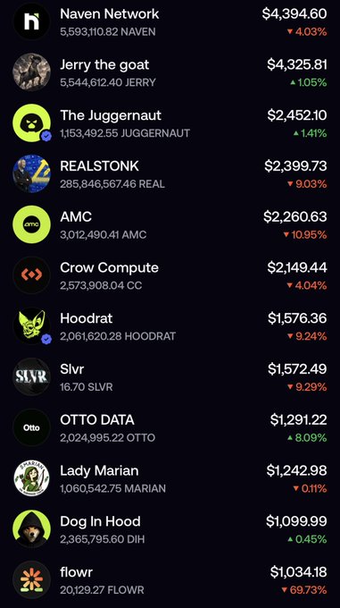 The image shows a meme coin portfolio tracker displaying holdings such as Naven Network ($4,394.60), Jerry the goat ($4,325.81), The Juggernaut ($2,452.10), and others like REALSTONK, AMC, Hoodrat, and flowr, with each token showing its price, quantity held, and percentage change (mostly red/down). It appears to be a screenshot from the Fomo app mentioned in the post, illustrating the creator's shared crypto wallet/portfolio that others can follow at the provided Fomo Family link.