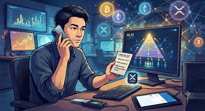 A man on a phone call holds a checklist while seated at a desk with multiple monitors displaying crypto charts and technology logos, including XRP, Bitcoin, and Ethereum, with "MLM" prominently shown on the main screen—illustrating the risky crypto investment pitch he received about earning free Ripple tokens.