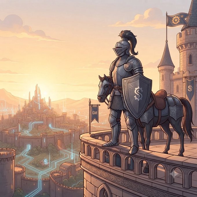 An anime-style illustration of an armored knight on horseback standing on a castle balcony, with a '$' symbol on the shield and a 'GM' banner nearby, overlooking a fortress landscape with glowing blue pathways.