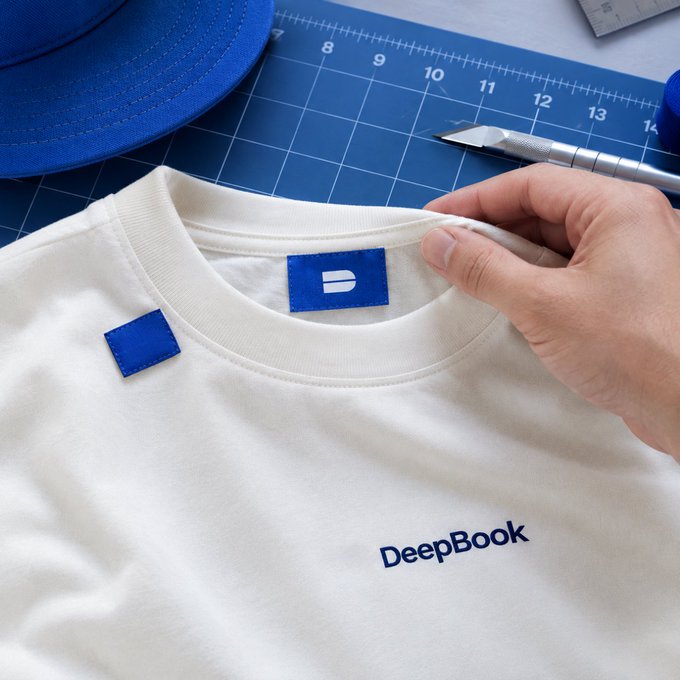 A hand holds up the collar of a white t-shirt featuring a blue 'D' logo on the inside tag and 'DeepBook' printed on the chest, displayed on a blue cutting mat with a ruler and craft knife.