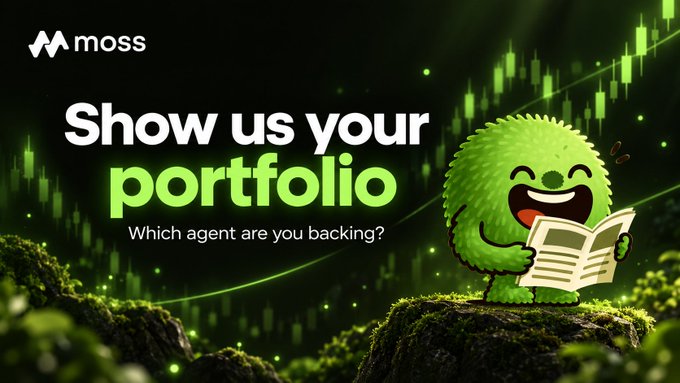 A Moss promotional banner featuring a green moss-covered character reading a newspaper, with the text 'Show us your portfolio - Which agent are you backing?' against a candlestick chart background.