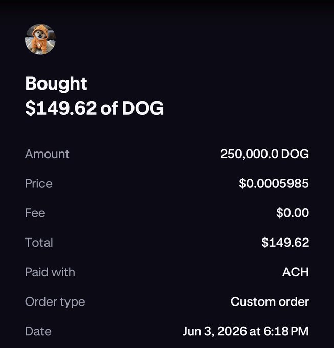 There's an image of a black screen with text on it that reads "Bought $149,62 of DOG", which seems to be a screenshot from an online auction platform showing the price paid for a dog. Another description appears at the bottom that says "This was ACH" and indicates there has been a custom order placed. The image also contains the date "Jun 3, 2026 at 6:18 pm". The overall content of the image suggests the auction may have taken place recently or is in progress.