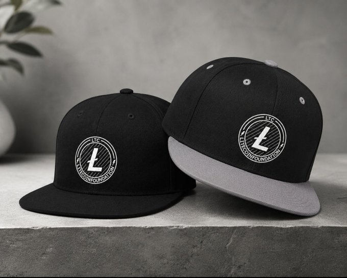 The image features two hats - one black hat and one gray hat - both of which are from the Litecoin Foundation Classic collection. The black hat has an embroidered $LTC emblem on its front, while the gray hat also displays a similar emblem. Both hats have a flat bill design and a structured high-profile fit that is adjustable for a comfortable wear. They are placed side by side against a grey background, emphasizing their association with Litecoin. The image also includes text that reads "The Litecoin Foundation Classic Cap" and "Built for".