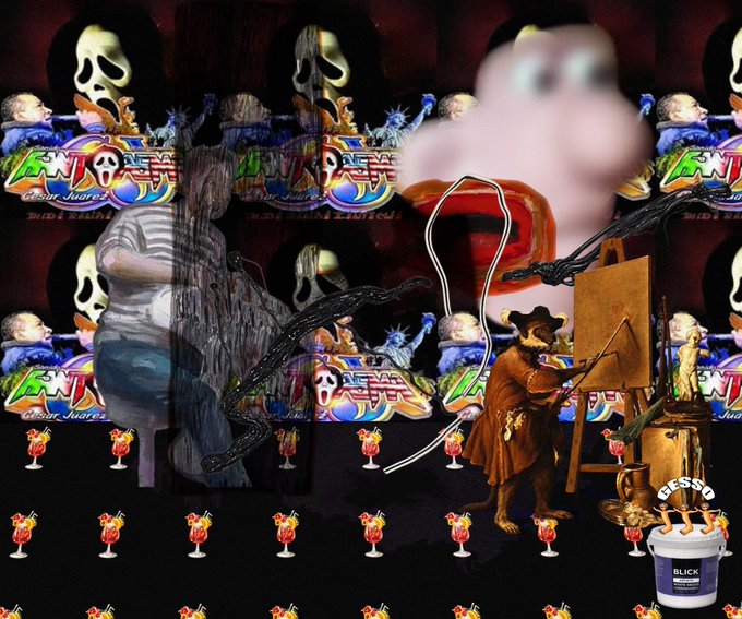 A chaotic, surreal digital collage featuring horror movie characters, Scream franchise imagery, Scream mask tiki drinks, a painter figure, and 'BLICK' art supplies.