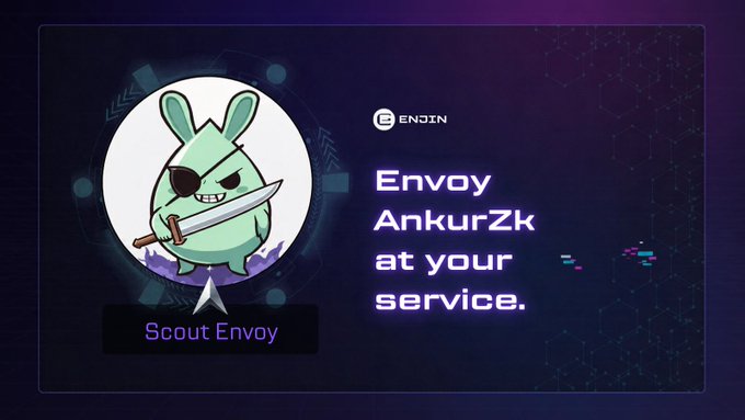 An ENJIN promotional graphic featuring a cartoon bunny mascot holding a sword, labeled "Scout Envoy," alongside the text "Envoy AnkurZk at your service."