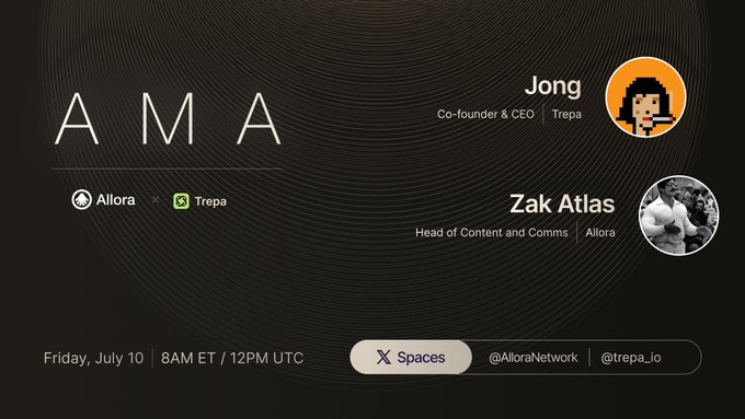 A promotional graphic for an AMA (Ask Me Anything) event featuring Jong, Co-founder & CEO of Trepa, and Zak Atlas, Head of Content and Comms at Allora, scheduled for Friday, July 10 at 8AM ET / 12PM UTC on X Spaces (@AlloraNetwork and @trepa_io). The dark-themed design invites viewers to tune in to the live conversation between the Allora and Trepa teams.