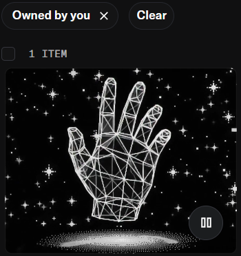 A mobile app screen showing 'Owned by you' filter, containing 1 item featuring a geometric wireframe illustration of a hand making a Vulcan salute against a starry background.