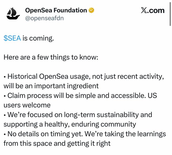 A tweet from OpenSea Foundation (@openseafdn) announcing that $SEA token is coming, noting that historical OpenSea usage will factor into the claim process and that US users are welcome.